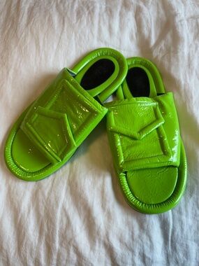 Tibi Lime Green Patent Leather Slide Sandals